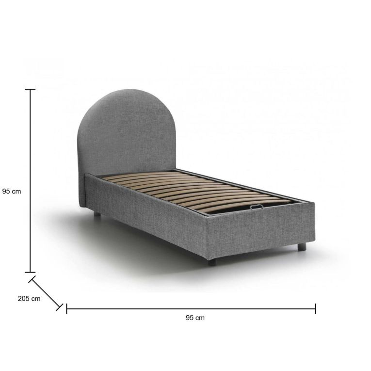 Letto singolo Beatrice, Letto contenitore con rivestimento in tessuto, 100% Made in Italy, Apertura frontale, adatto per materasso Cm 80x190, Grigio