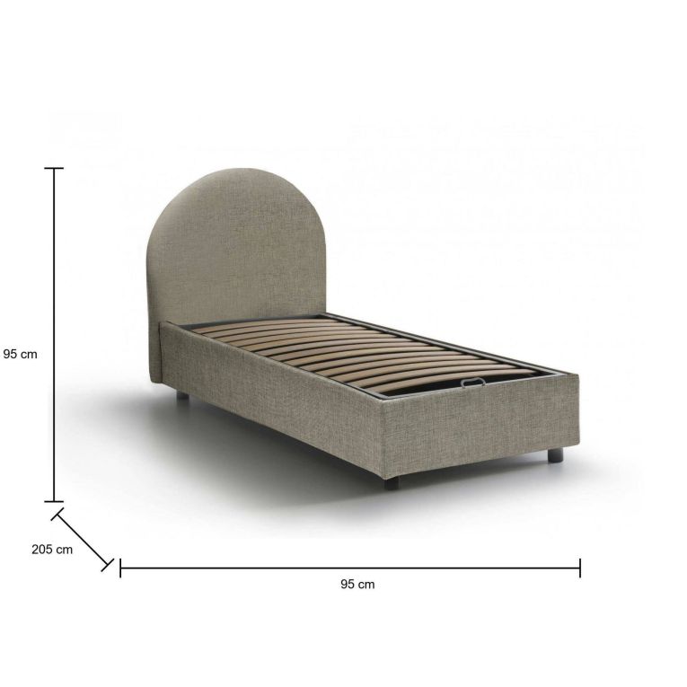 Letto singolo Beatrice, Letto contenitore con rivestimento in tessuto, 100% Made in Italy, Apertura frontale, adatto per materasso Cm 80x190, Tortora