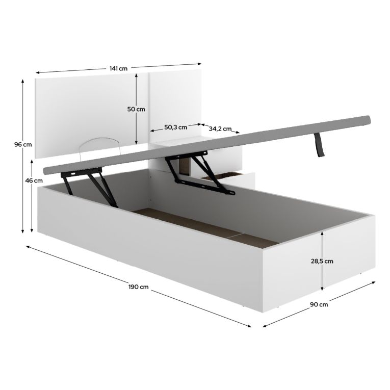 Letto Singolo Bianco Contenitore Dimensione Materasso 90x190 cm, - Lufkin