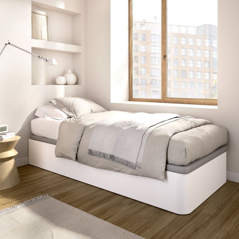 Letto Singolo Bianco Contenitore Dimensione Materasso 90x190 cm, Stuttura con Angoli Arrotondati - Arcata
