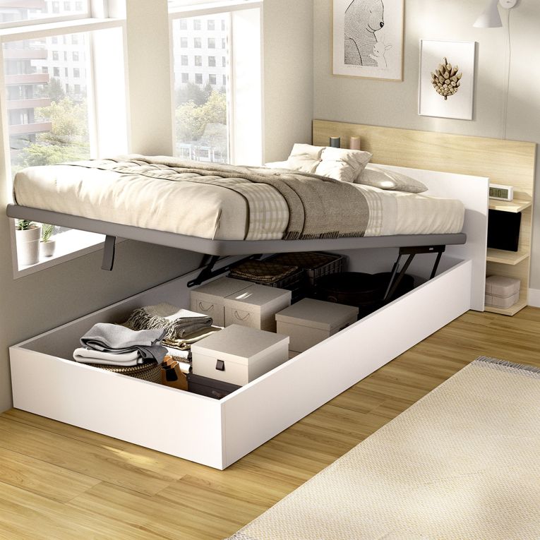 Letto Singolo Bianco Marrone Rovere Contenitore Dimensione Materasso 90x190 cm, Testiera con Libreria Inclusa