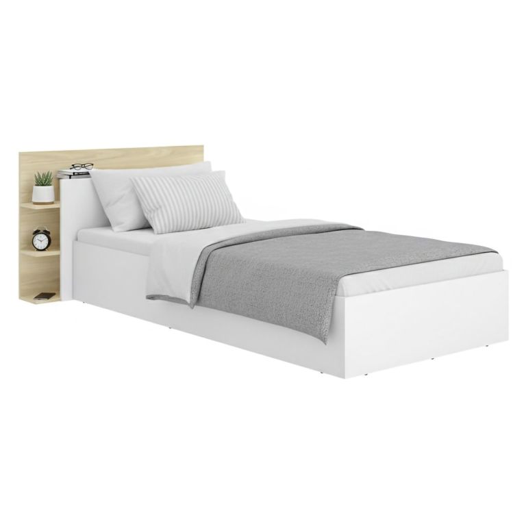 Letto Singolo Bianco Marrone Rovere Contenitore Dimensione Materasso 90x190 cm, Testiera con Libreria Inclusa