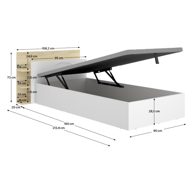 Letto Singolo Bianco Marrone Rovere Contenitore Dimensione Materasso 90x190 cm, Testiera con Libreria Inclusa