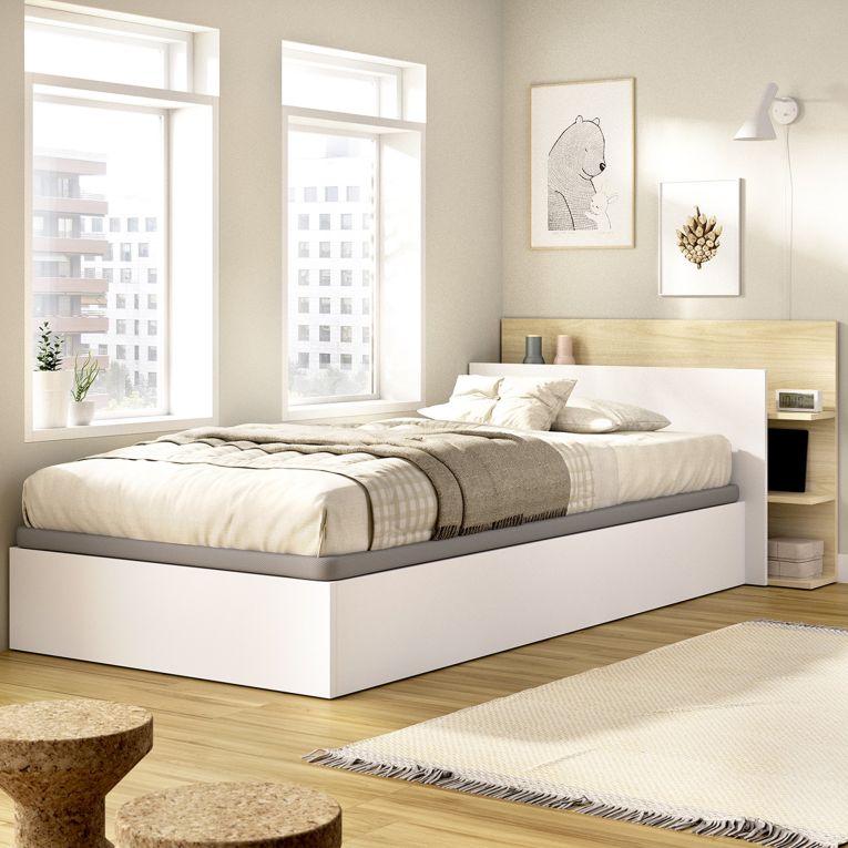 Letto Singolo Bianco Marrone Rovere Contenitore Dimensione Materasso 90x190 cm, Testiera con Libreria Inclusa