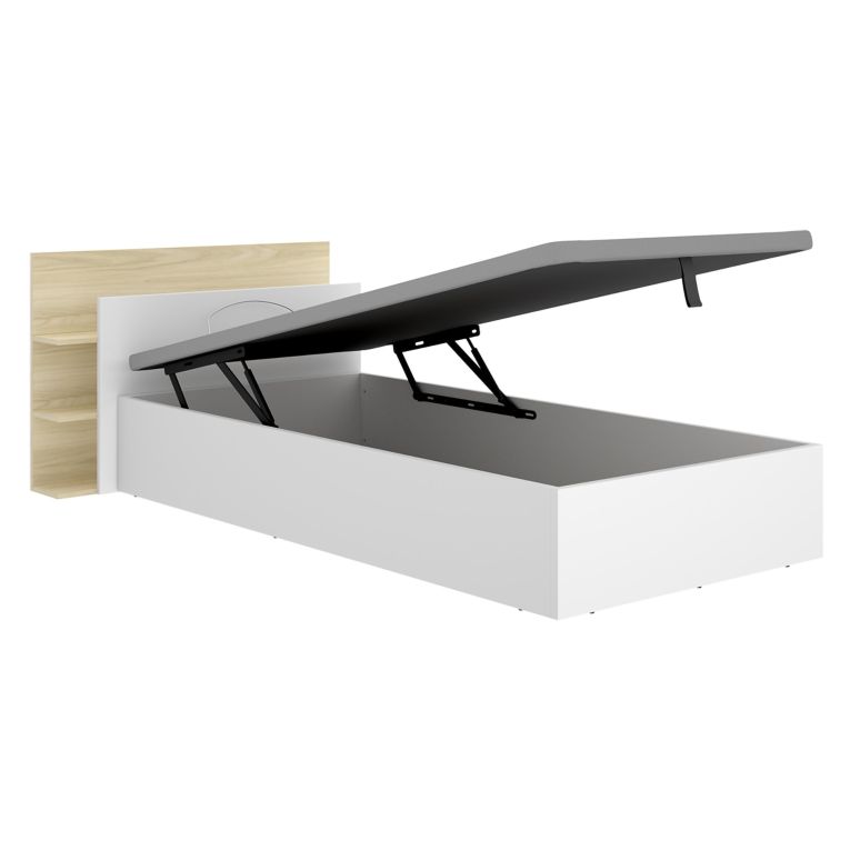 Letto Singolo Bianco Marrone Rovere Contenitore Dimensione Materasso 90x190 cm, Testiera con Libreria Inclusa