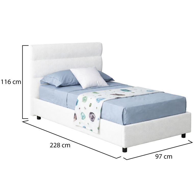 Letto Singolo Bianco Sfoderabile Contenitore, Dimensione Materasso 80x200 cm Made in Italy - Brenta