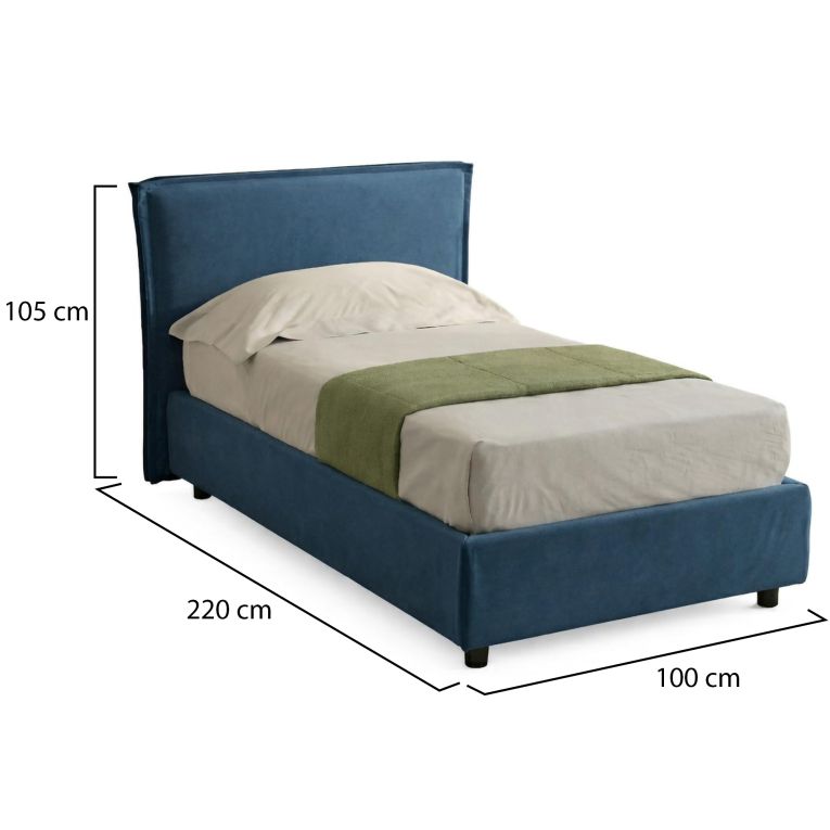 Letto Singolo blu Sfoderabile Contenitore, Dimensione Materasso 80x200 cm Made in Italy - Bruino