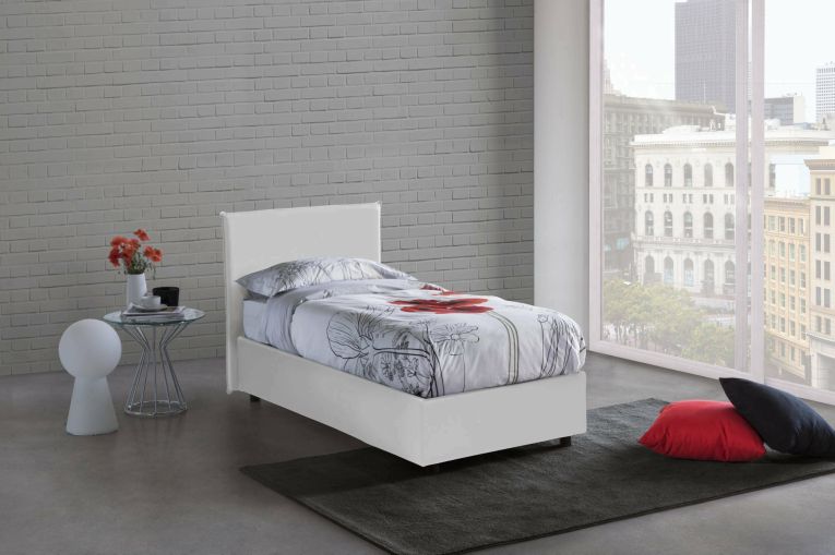 Letto singolo Brigida, Letto contenitore con rivestimento in ecopelle, 100% Made in Italy, Apertura frontale, adatto per materasso Cm 80x190, Bianco