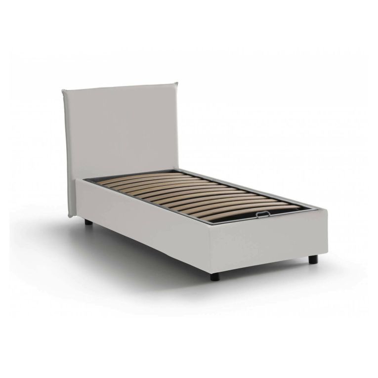 Letto singolo Brigida, Letto contenitore con rivestimento in ecopelle, 100% Made in Italy, Apertura frontale, adatto per materasso Cm 80x190, Bianco