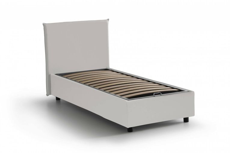 Letto singolo Brigida, Letto contenitore con rivestimento in ecopelle, 100% Made in Italy, Apertura frontale, adatto per materasso Cm 80x190, Bianco