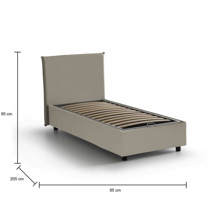 Letto singolo Brigida, Letto contenitore con rivestimento in ecopelle, 100% Made in Italy, Apertura frontale, adatto per materasso Cm 80x190, Tortora