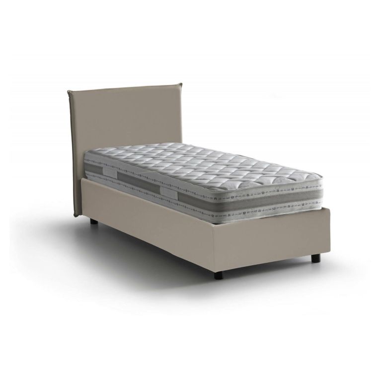 Letto singolo Brigitta, Letto contenitore con rivestimento in ecopelle, 100% Made in Italy, Apertura frontale, con materasso Cm 80x190 incluso, Tortora