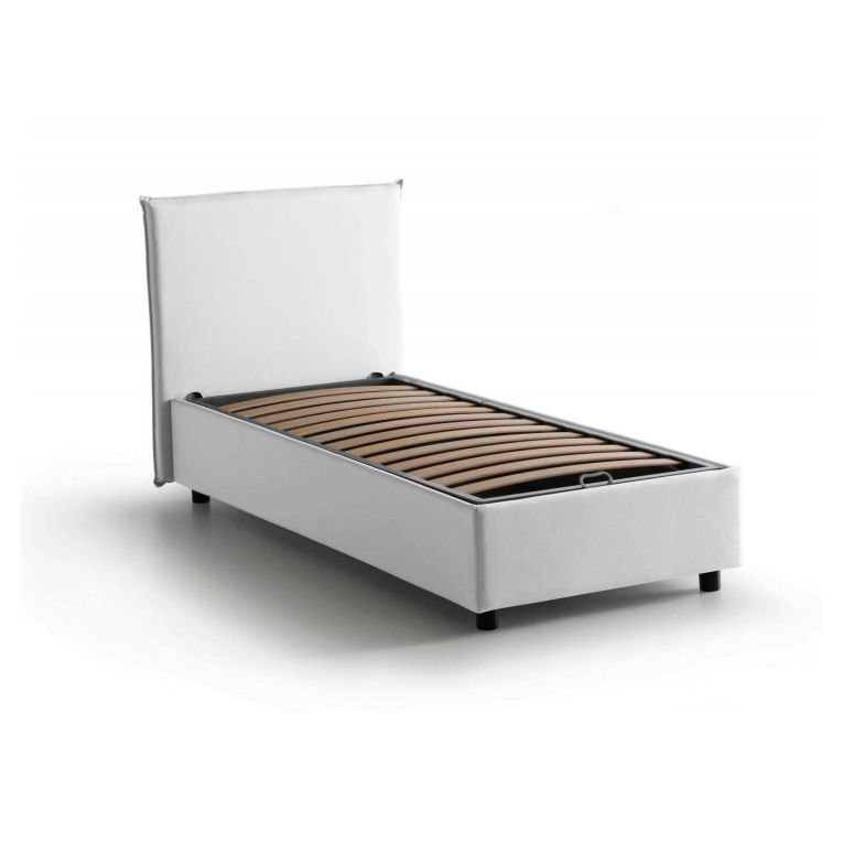 Letto singolo Bruna, Letto contenitore con rivestimento in tessuto, 100% Made in Italy, Apertura frontale, adatto per materasso Cm 80x190, Bianco