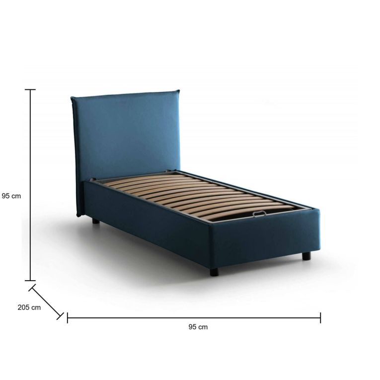 Letto singolo Bruna, Letto contenitore con rivestimento in tessuto, 100% Made in Italy, Apertura frontale, adatto per materasso Cm 80x190, Blu