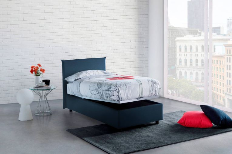 Letto singolo Bruna, Letto contenitore con rivestimento in tessuto, 100% Made in Italy, Apertura frontale, adatto per materasso Cm 80x190, Blu