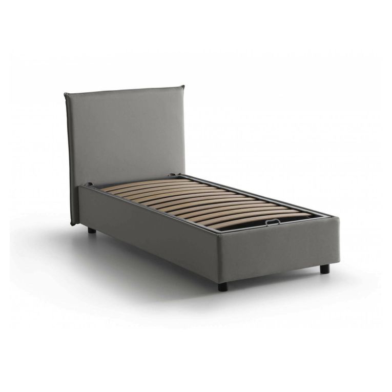 Letto singolo Bruna, Letto contenitore con rivestimento in tessuto, 100% Made in Italy, Apertura frontale, adatto per materasso Cm 80x190, Grigio