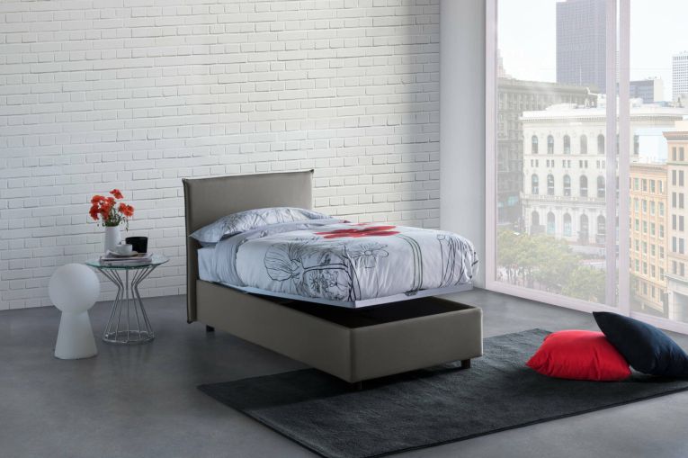 Letto singolo Bruna, Letto contenitore con rivestimento in tessuto, 100% Made in Italy, Apertura frontale, adatto per materasso Cm 80x190, Grigio