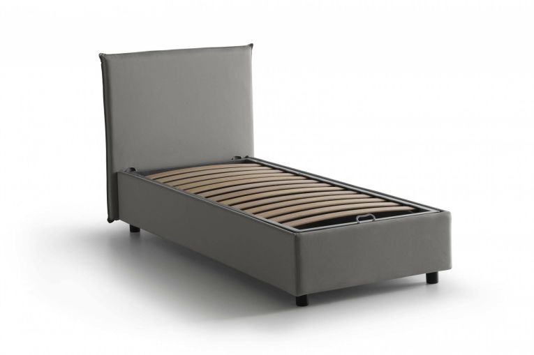 Letto singolo Bruna, Letto contenitore con rivestimento in tessuto, 100% Made in Italy, Apertura frontale, adatto per materasso Cm 80x190, Grigio