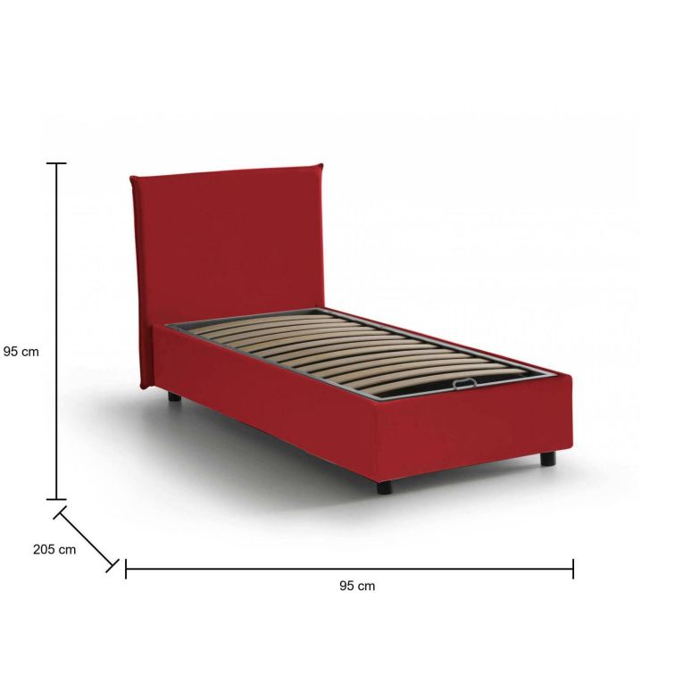 Letto singolo Bruna, Letto contenitore con rivestimento in tessuto, 100% Made in Italy, Apertura frontale, adatto per materasso Cm 80x190, Rosso