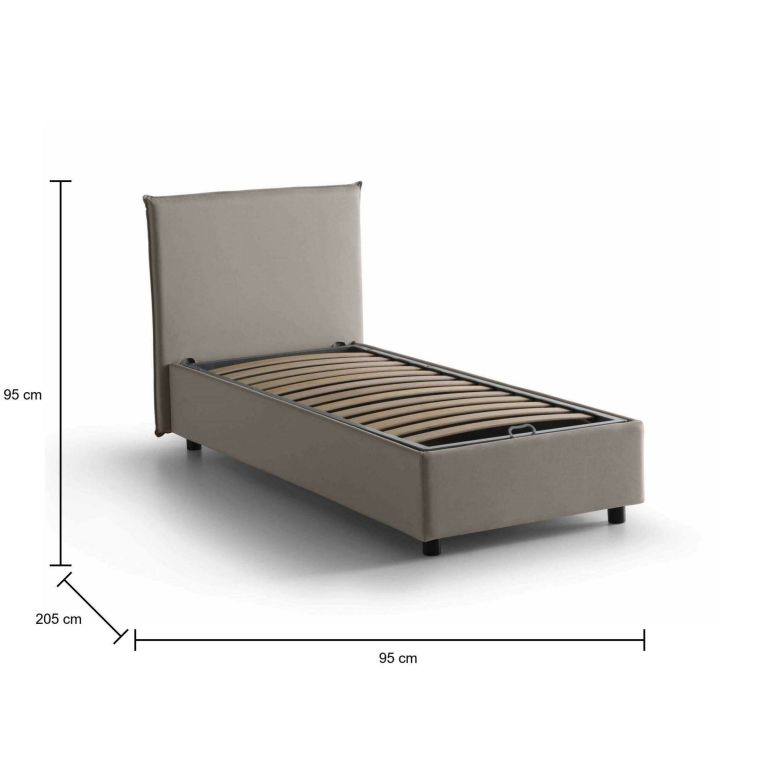 Letto singolo Bruna, Letto contenitore con rivestimento in tessuto, 100% Made in Italy, Apertura frontale, adatto per materasso Cm 80x190, Tortora