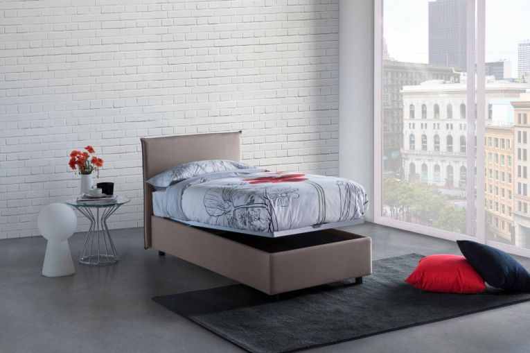 Letto singolo Bruna, Letto contenitore con rivestimento in tessuto, 100% Made in Italy, Apertura frontale, adatto per materasso Cm 80x190, Tortora
