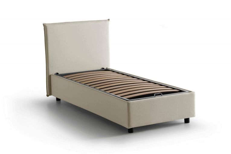 Letto singolo Brunella, Letto contenitore con rivestimento in tessuto, 100% Made in Italy, Apertura frontale, con materasso Cm 80x190 incluso, Beige