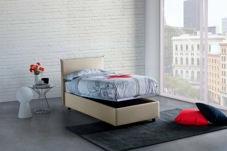 Letto singolo Brunella, Letto contenitore con rivestimento in tessuto, 100% Made in Italy, Apertura frontale, con materasso Cm 80x190 incluso, Beige