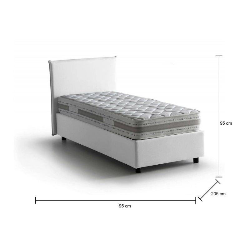 Letto singolo Brunella, Letto contenitore con rivestimento in tessuto, 100% Made in Italy, Apertura frontale, con materasso Cm 80x190 incluso, Bianco