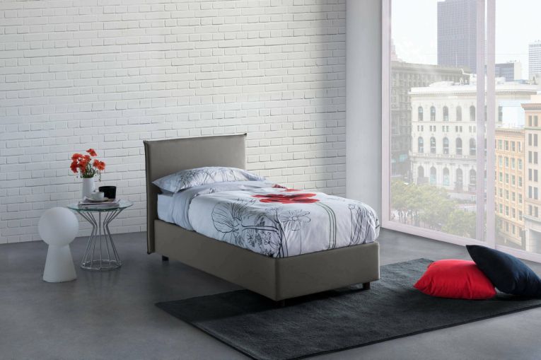 Letto singolo Brunella, Letto contenitore con rivestimento in tessuto, 100% Made in Italy, Apertura frontale, con materasso Cm 80x190 incluso, Grigio