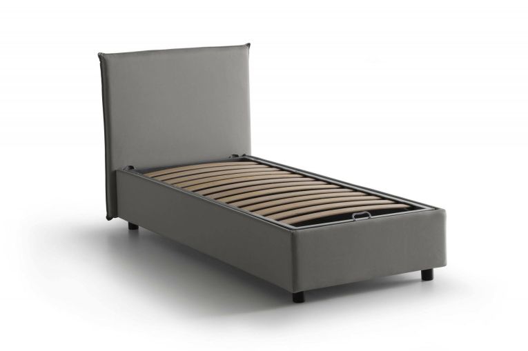 Letto singolo Brunella, Letto contenitore con rivestimento in tessuto, 100% Made in Italy, Apertura frontale, con materasso Cm 80x190 incluso, Grigio
