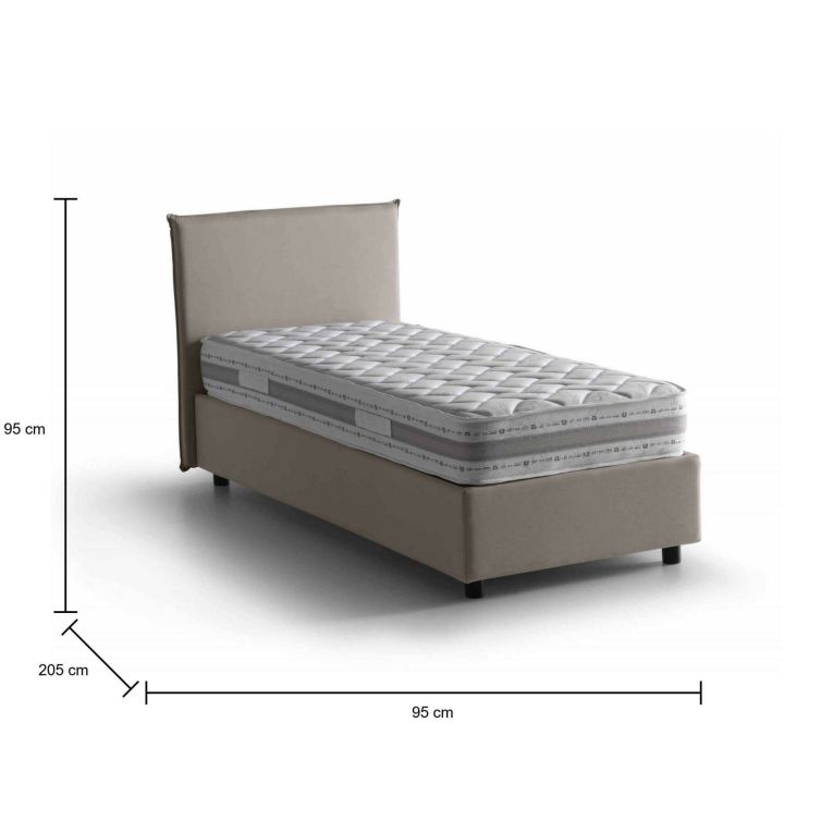 Letto singolo Brunella, Letto contenitore con rivestimento in tessuto, 100% Made in Italy, Apertura frontale, con materasso Cm 80x190 incluso, Tortora