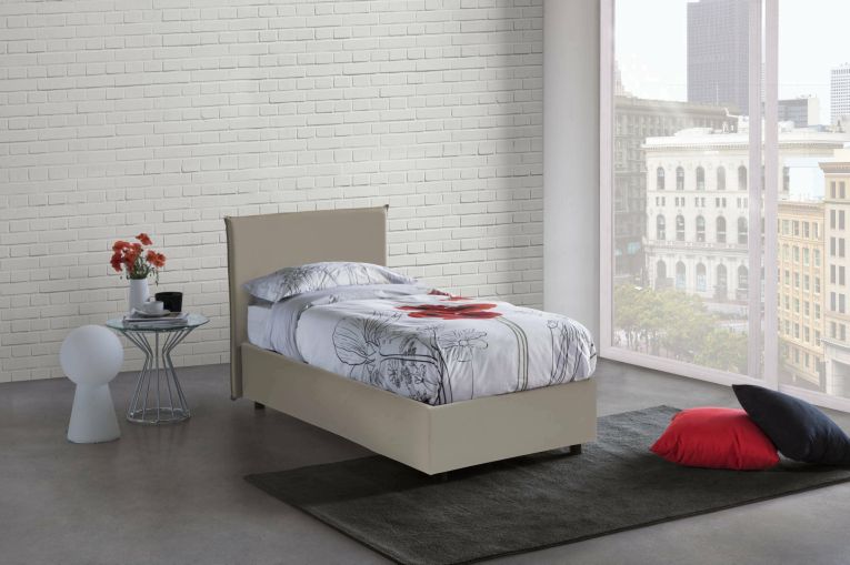 Letto singolo Brunilde, Letto contenitore con rivestimento in ecopelle, 100% Made in Italy, Apertura laterale, adatto per materasso Cm 80x190, Tortora