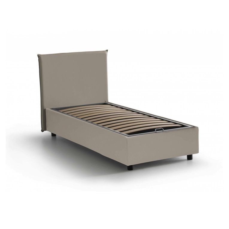 Letto singolo Brunilde, Letto contenitore con rivestimento in ecopelle, 100% Made in Italy, Apertura laterale, adatto per materasso Cm 80x190, Tortora