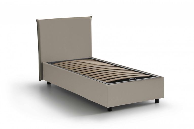 Letto singolo Brunilde, Letto contenitore con rivestimento in ecopelle, 100% Made in Italy, Apertura laterale, adatto per materasso Cm 80x190, Tortora