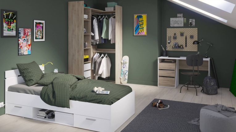 Letto singolo Buech, Sommier per camera da letto, Giroletto per stanza, Struttura porta materasso, 200x90 h74 cm, Bianco opaco