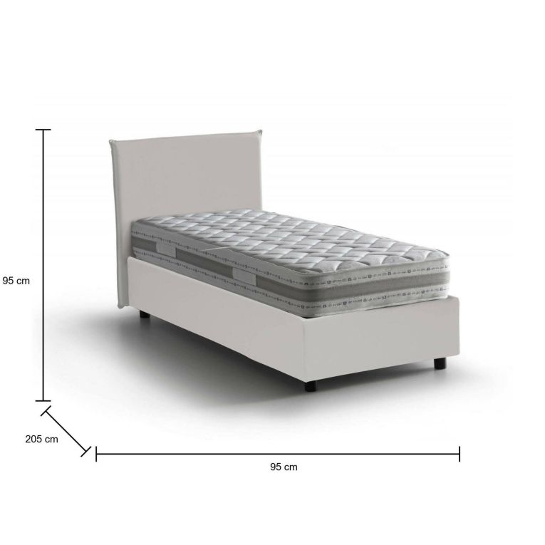 Letto singolo Caide, Letto contenitore con rivestimento in ecopelle, 100% Made in Italy, Apertura laterale, con materasso Cm 80x190 incluso, Bianco