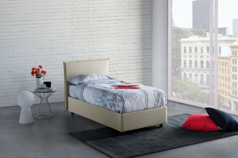 Letto singolo Candida, Letto contenitore con rivestimento in tessuto, 100% Made in Italy, Apertura laterale, adatto per materasso Cm 80x190, Beige