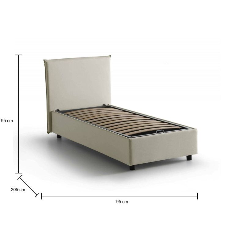 Letto singolo Candida, Letto contenitore con rivestimento in tessuto, 100% Made in Italy, Apertura laterale, adatto per materasso Cm 80x190, Beige