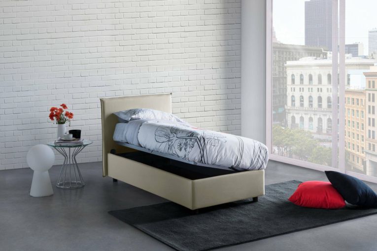 Letto singolo Candida, Letto contenitore con rivestimento in tessuto, 100% Made in Italy, Apertura laterale, adatto per materasso Cm 80x190, Beige