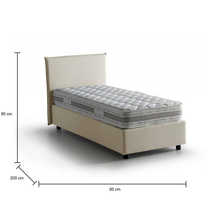 Letto singolo Carola, Letto contenitore con rivestimento in tessuto, 100% Made in Italy, Apertura laterale, con materasso Cm 80x190 incluso, Beige