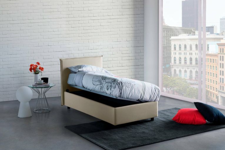 Letto singolo Carola, Letto contenitore con rivestimento in tessuto, 100% Made in Italy, Apertura laterale, con materasso Cm 80x190 incluso, Beige