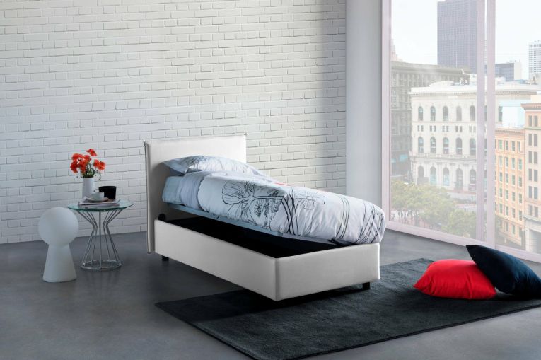 Letto singolo Carola, Letto contenitore con rivestimento in tessuto, 100% Made in Italy, Apertura laterale, con materasso Cm 80x190 incluso, Bianco