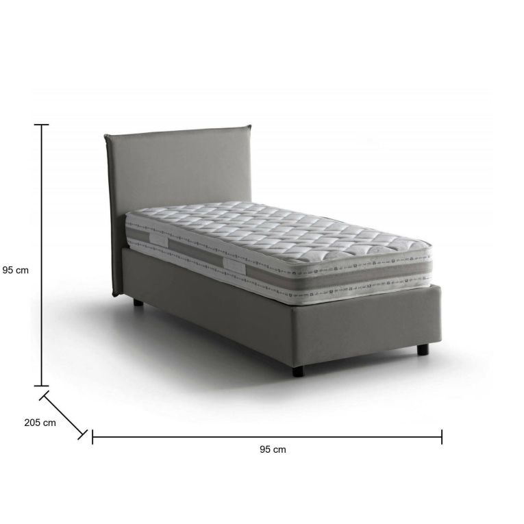 Letto singolo Carola, Letto contenitore con rivestimento in tessuto, 100% Made in Italy, Apertura laterale, con materasso Cm 80x190 incluso, Grigio