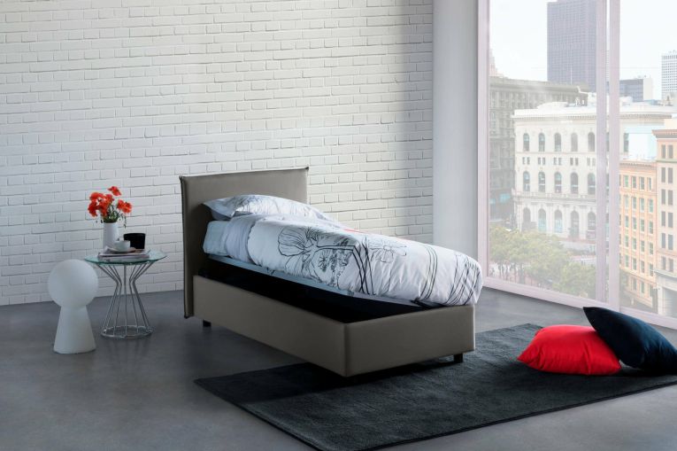 Letto singolo Carola, Letto contenitore con rivestimento in tessuto, 100% Made in Italy, Apertura laterale, con materasso Cm 80x190 incluso, Grigio