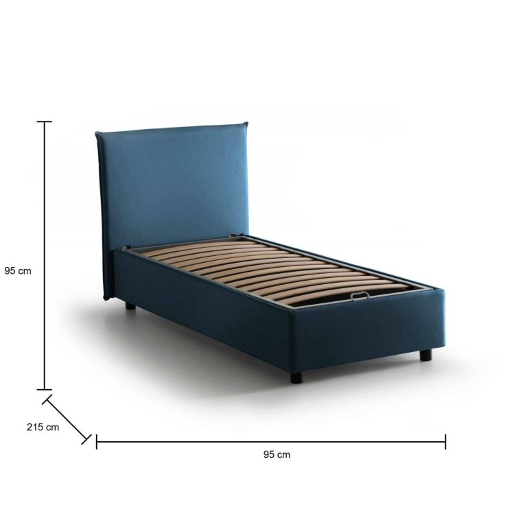 Letto singolo Cassiopea, Letto contenitore con rivestimento in tessuto, 100% Made in Italy, Apertura frontale, adatto per materasso Cm 80x200, Blu