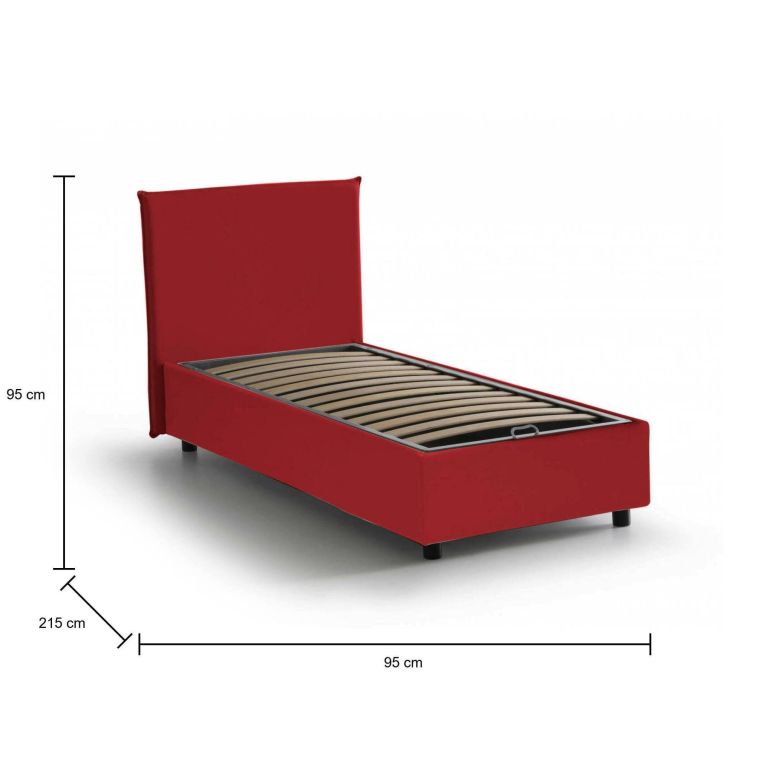 Letto singolo Cassiopea, Letto contenitore con rivestimento in tessuto, 100% Made in Italy, Apertura frontale, adatto per materasso Cm 80x200, Rosso