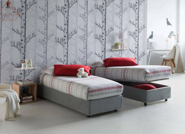 Letto singolo Caterina, Letto contenitore con rivestimento in tessuto, 100% Made in Italy, Apertura frontale, adatto per materasso Cm 80x200, Grigio