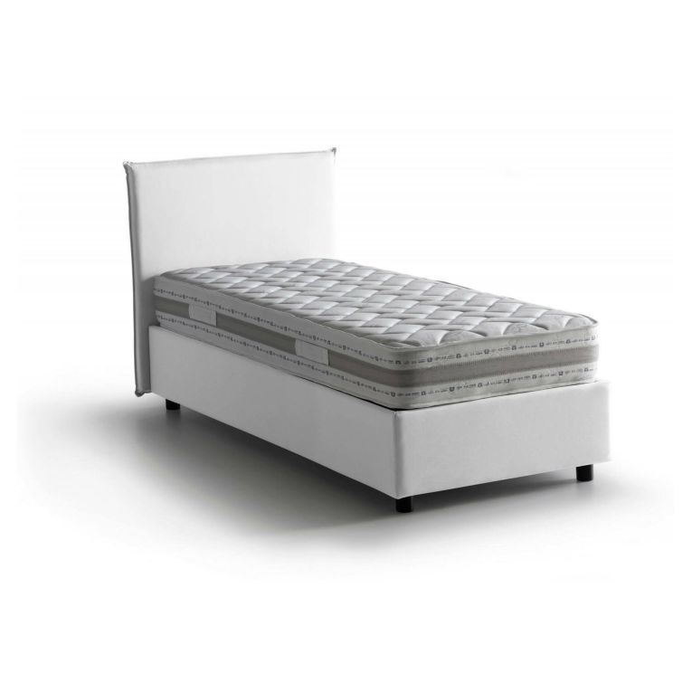 Letto singolo Catia, Letto contenitore con rivestimento in tessuto, 100% Made in Italy, Apertura frontale, con materasso Cm 80x200 incluso, Bianco