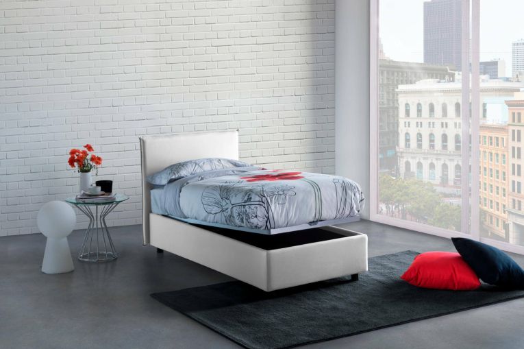 Letto singolo Catia, Letto contenitore con rivestimento in tessuto, 100% Made in Italy, Apertura frontale, con materasso Cm 80x200 incluso, Bianco