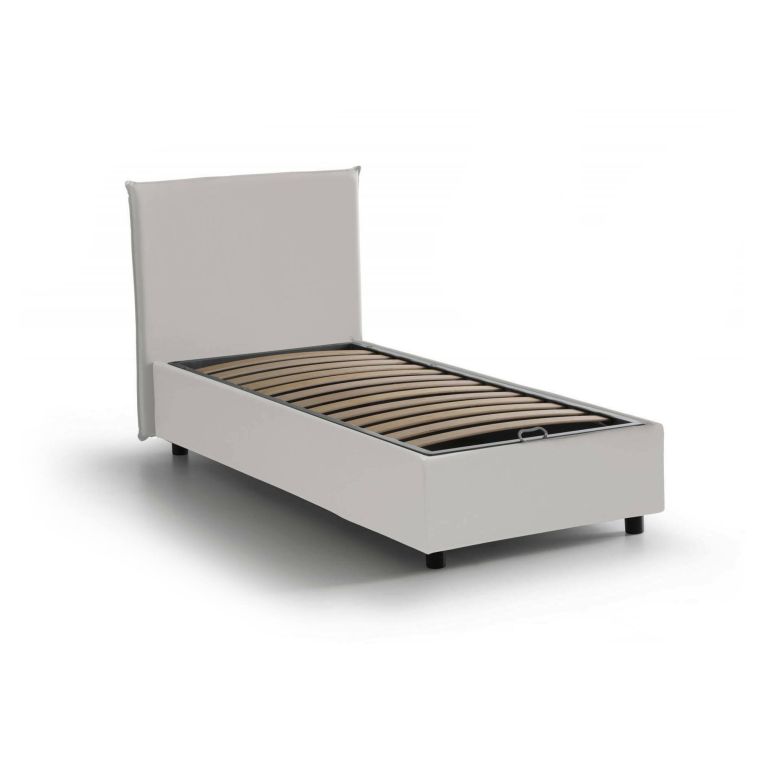 Letto singolo Celestina, Letto contenitore con rivestimento in ecopelle, 100% Made in Italy, Apertura frontale, adatto per materasso Cm 90x190, Bianco